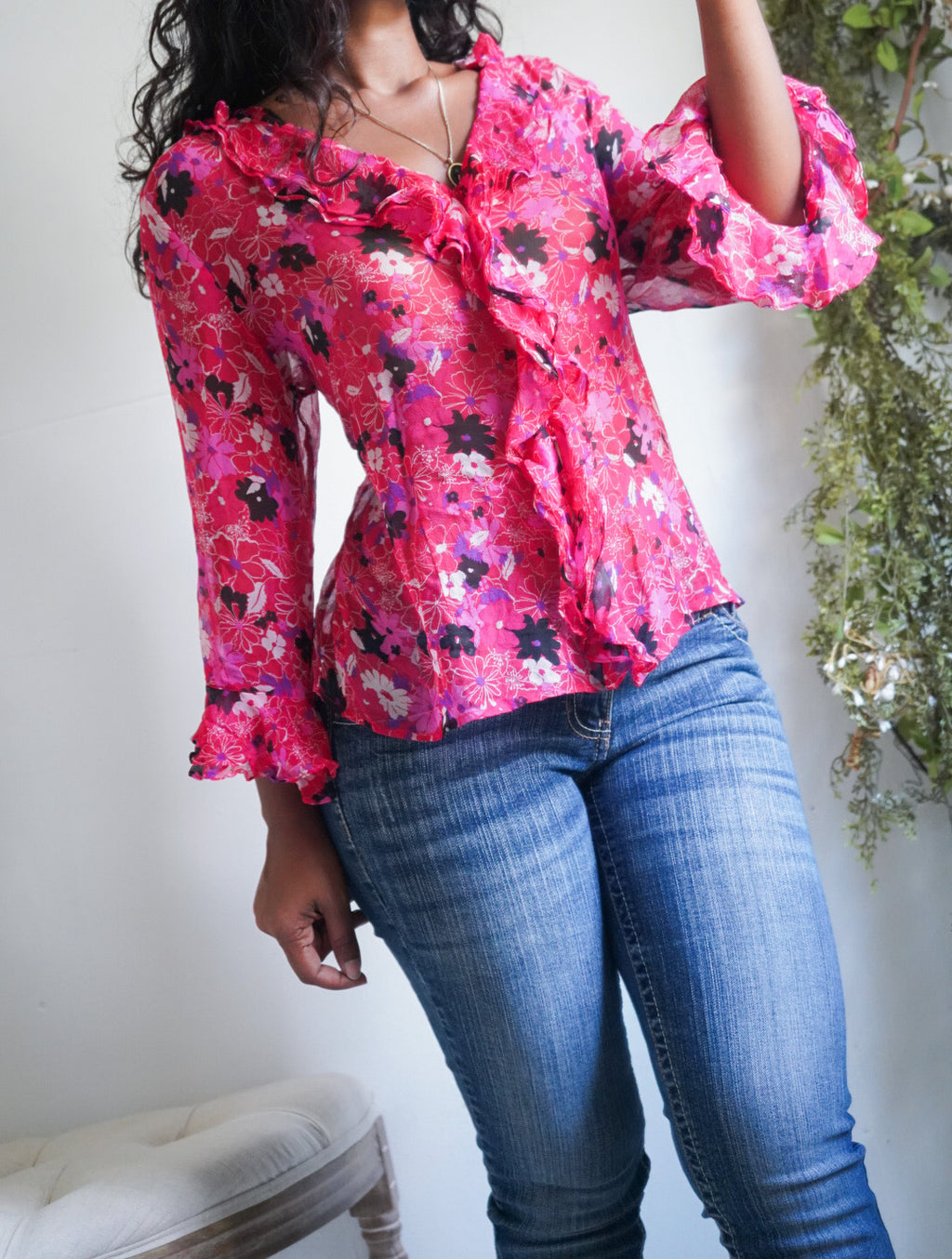 Y2K Coral Pink Floral Silk Ruffle Blouse