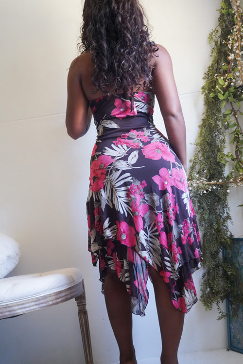 Y2K Halter Dark Chocolate Tropical Floral Dress
