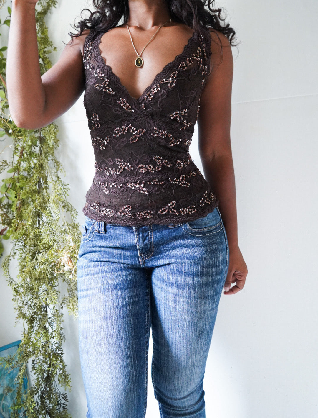 Rare Y2K Beaded Brown Lace Tank
