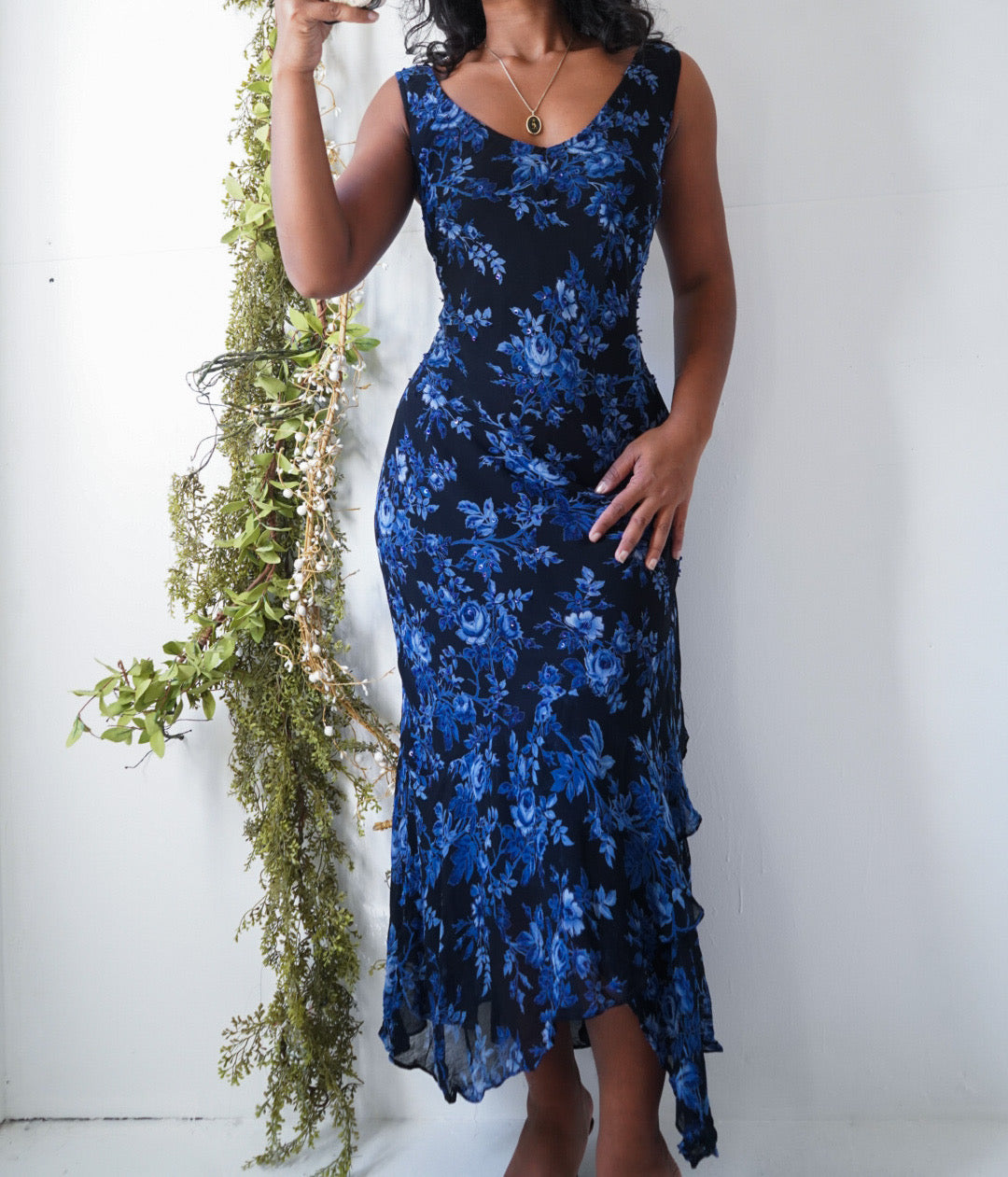Blue and Black Floral 90’s Beaded Dress