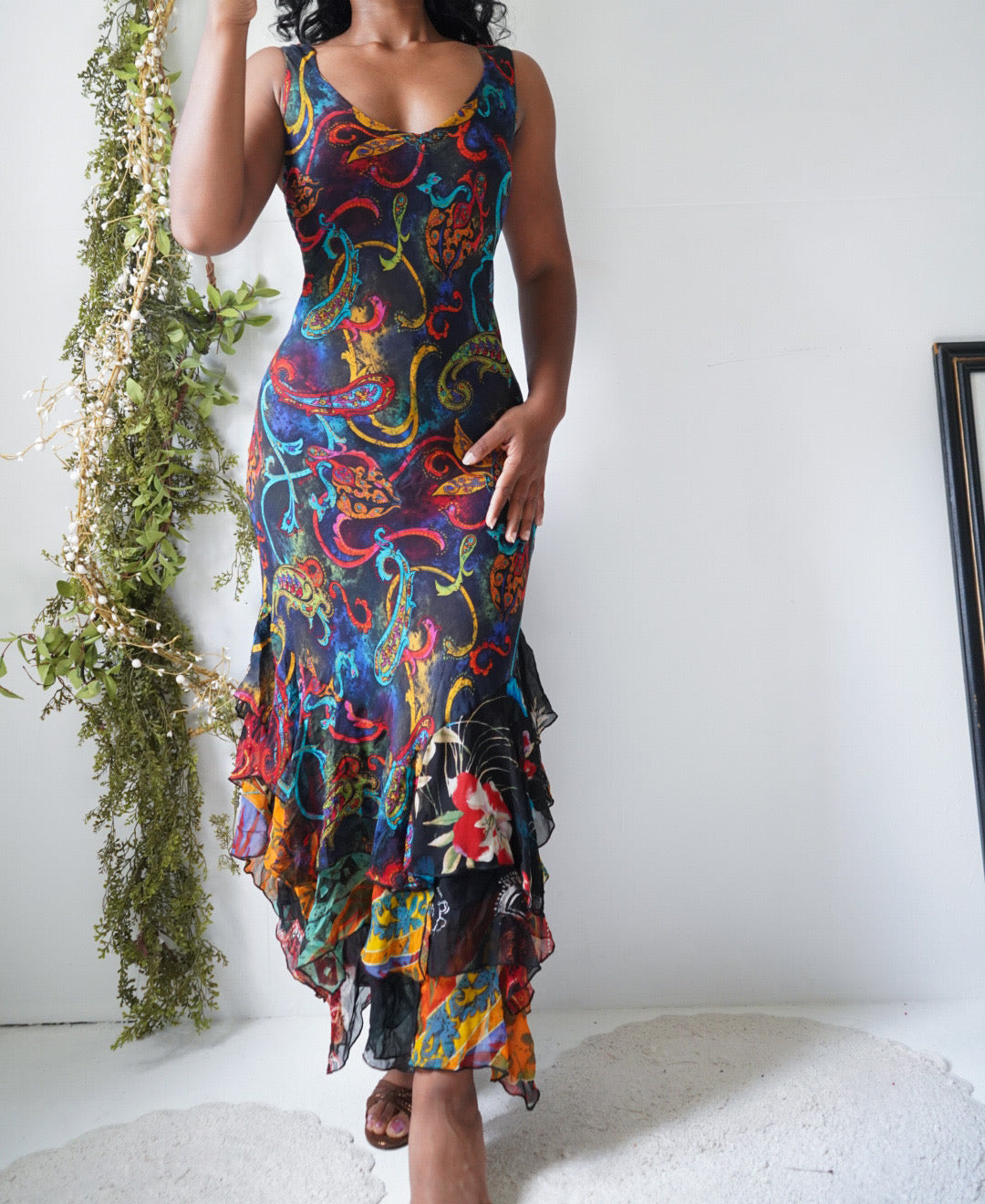 Y2K Silk Colorful Paisley Ruffle Hem Dress
