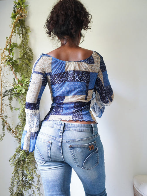 Y2K Patchwork Print Rare Flare Sleeve Top