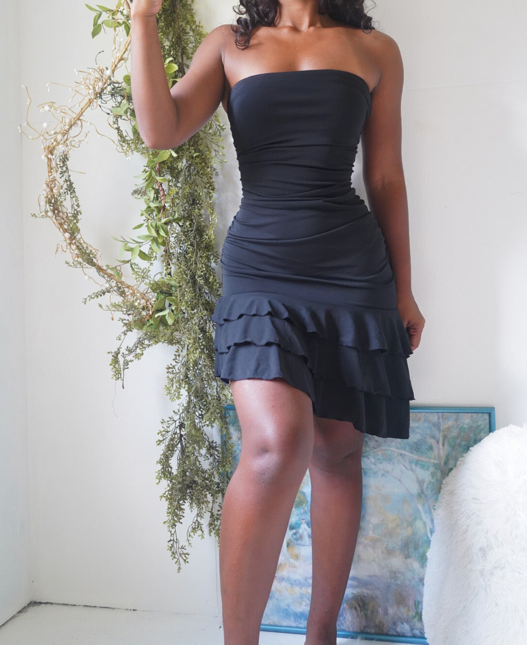 Y2K Strapless Black Ruffle Hem Mini Dress