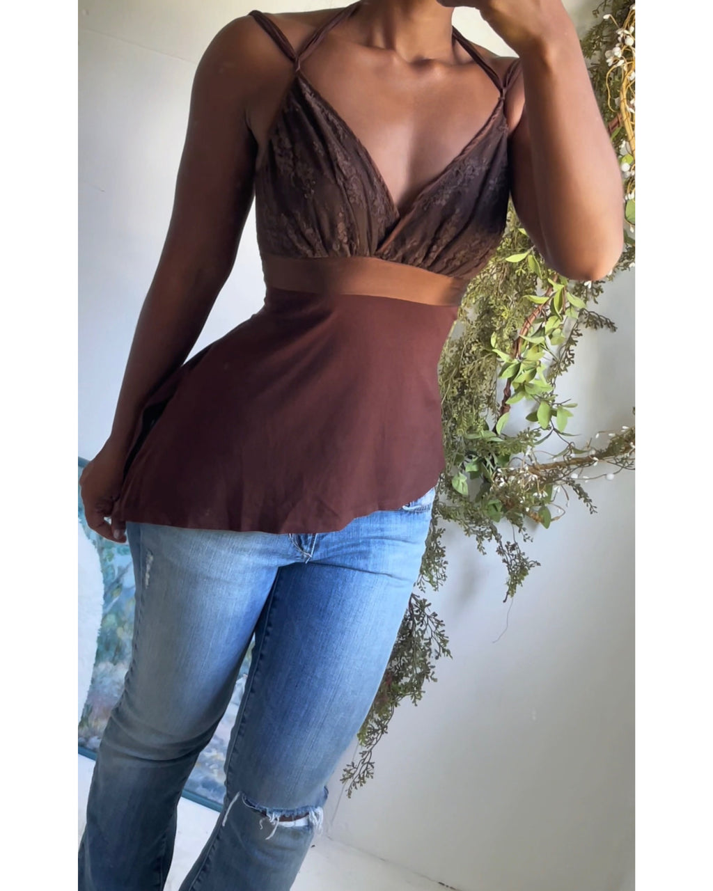 Y2K Brown Fairy Lace Detail Tie Back Top