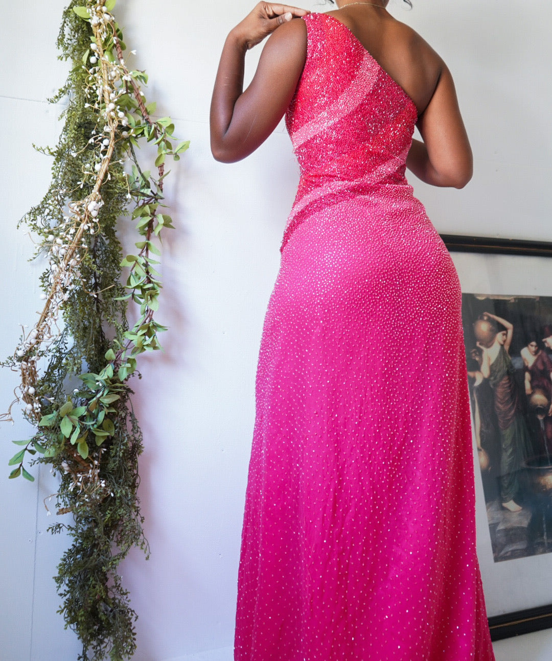 Coral Pink Fully Beaded Silk One Shoulder Gown