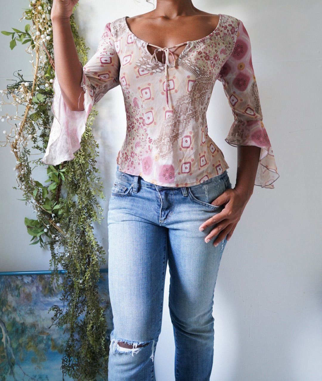 Y2K Cream and Pink Paisley Ruffle Sleeve Top