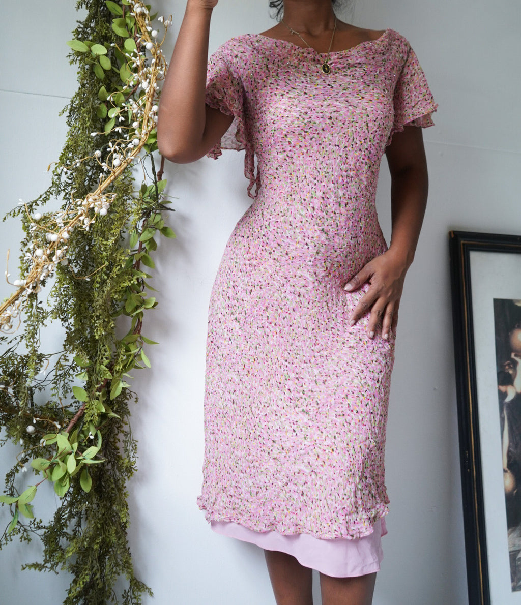 Pink Abstract Silk Midi Dress
