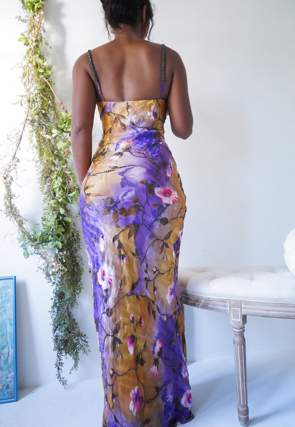 Purple Burnout Rose Beaded Gown