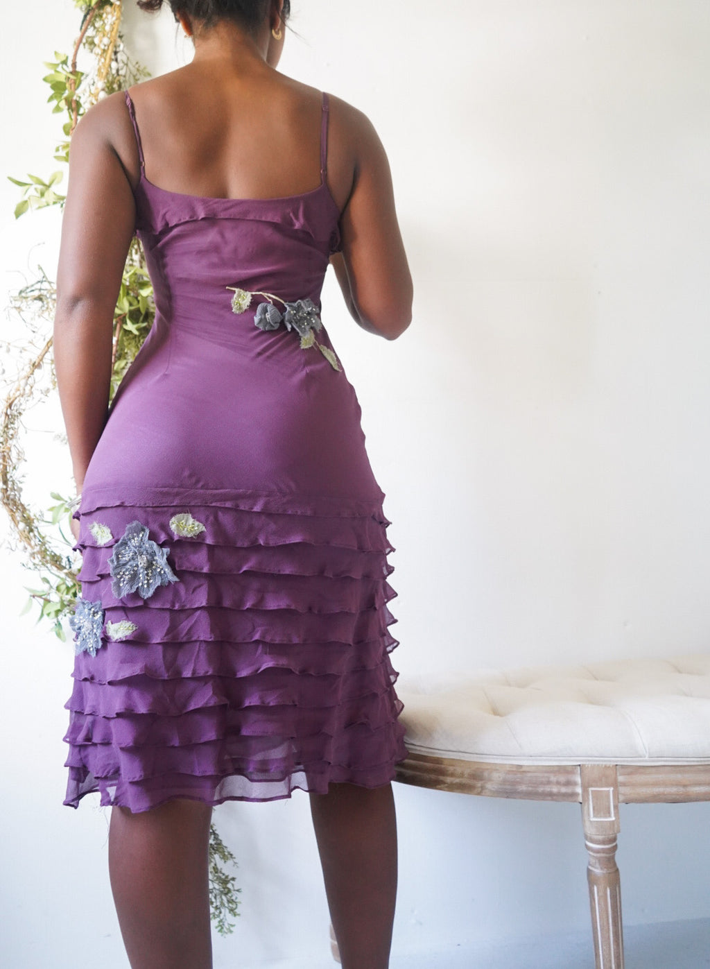 Y2K Purple Silk Floral Ruffle Hem Dress