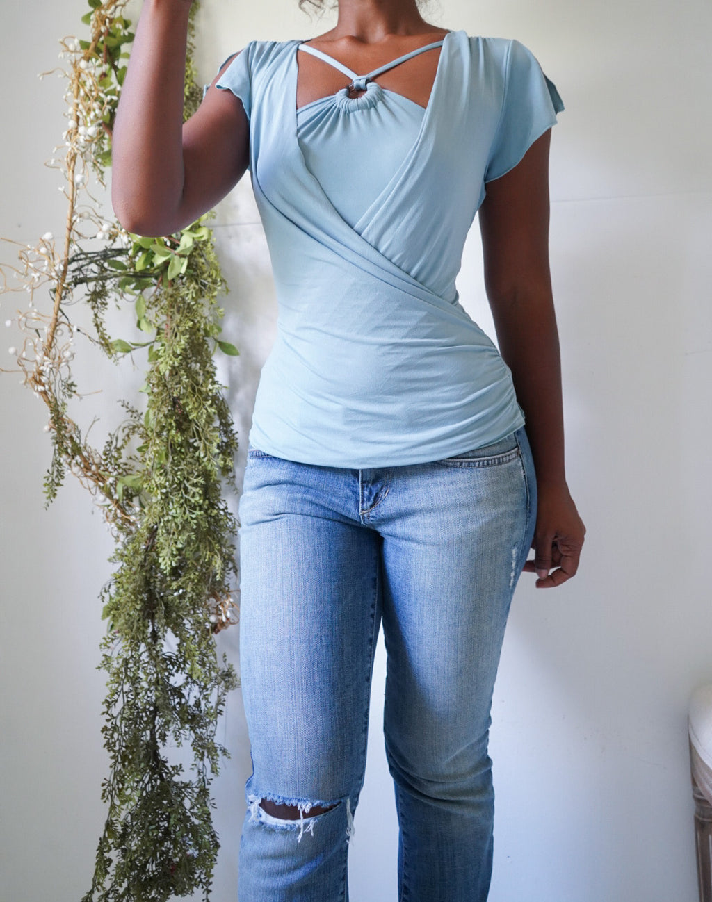 Y2K Baby Blue Layered Halter Crossover Top