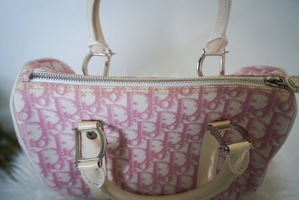 Y2K Dior Pink Trotter Monogram Leather Trim Boston Bag