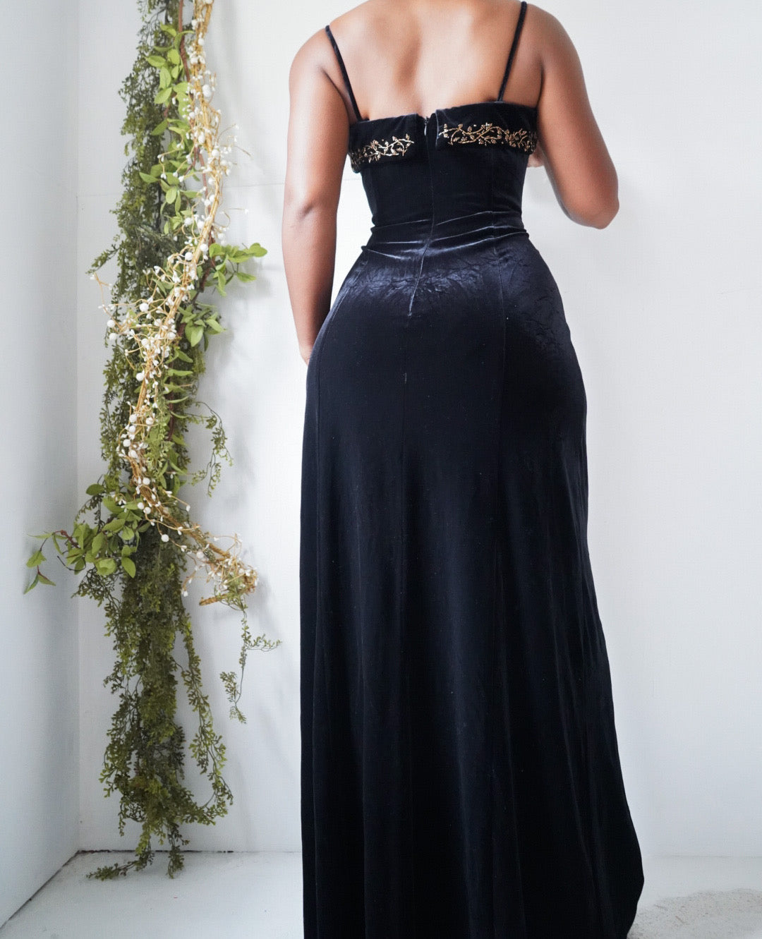 Vintage Y2K Black Velvet Beading Detail Gown