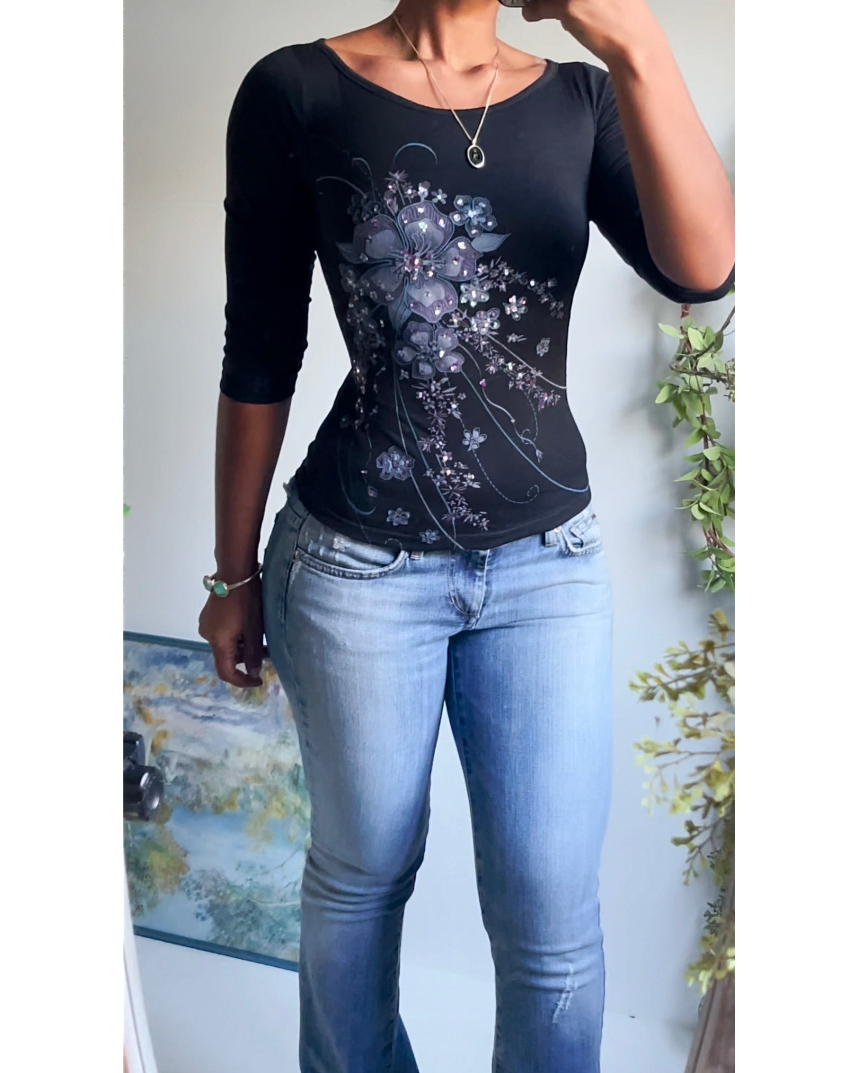 Y2K Butterfly Print 3/4 Sleeve Top