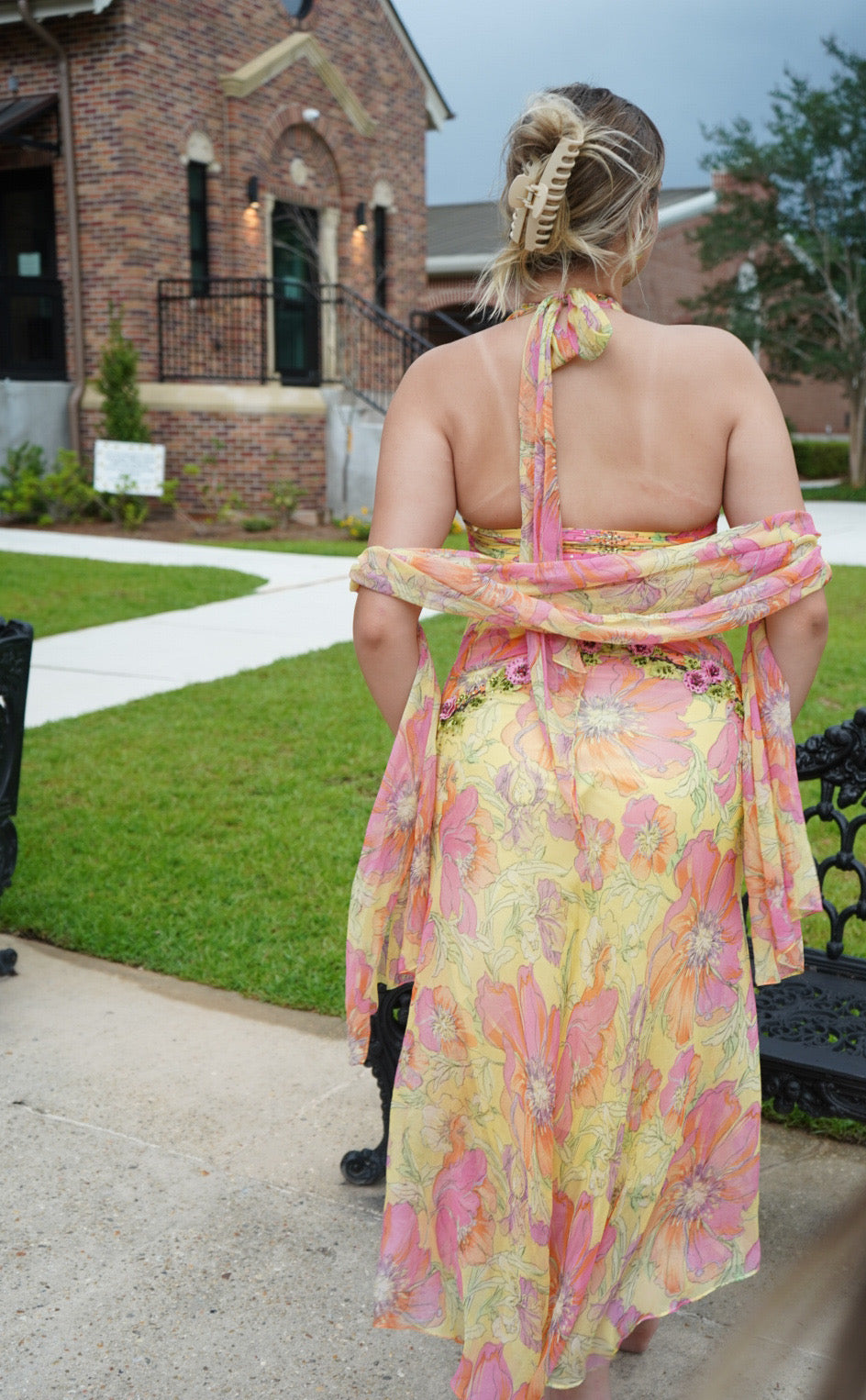 Rare Y2K Silk Yellow Fairy Floral Gown with Sash