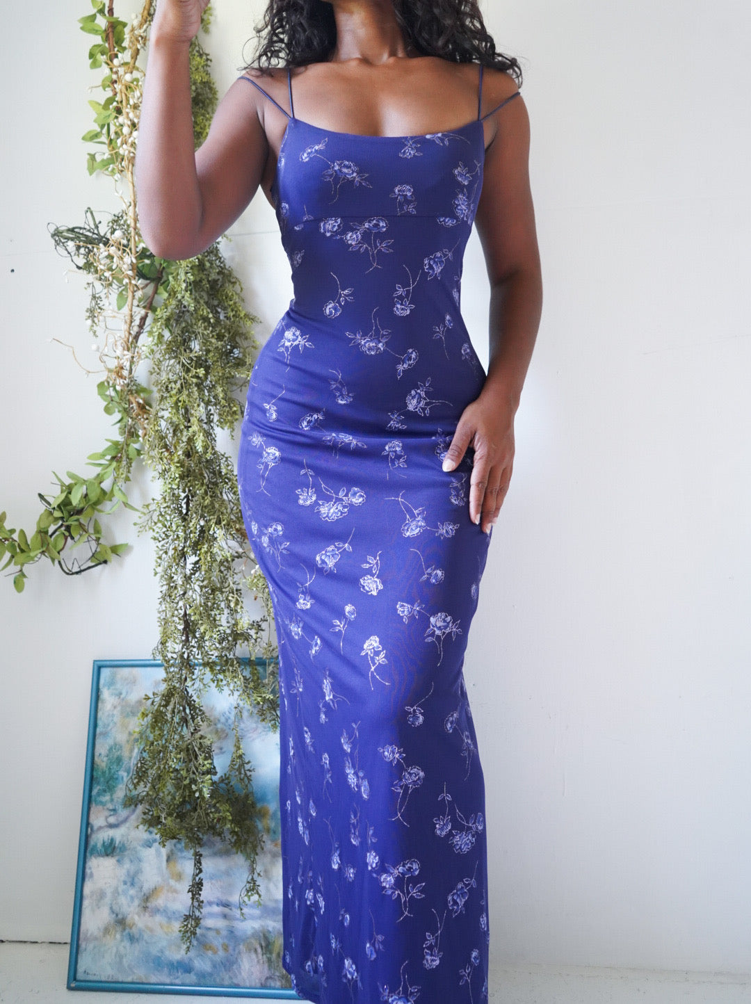 Y2K Violet Silver Floral Maxi Dress