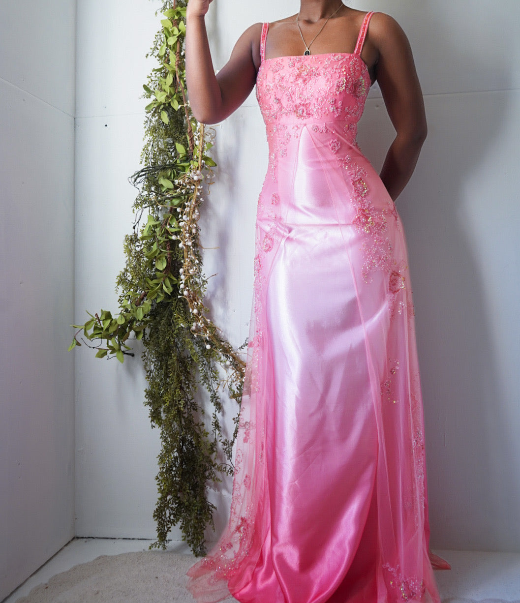 Rare Vintage Y2K Peachy Pink Ombre Silk Beaded Gown