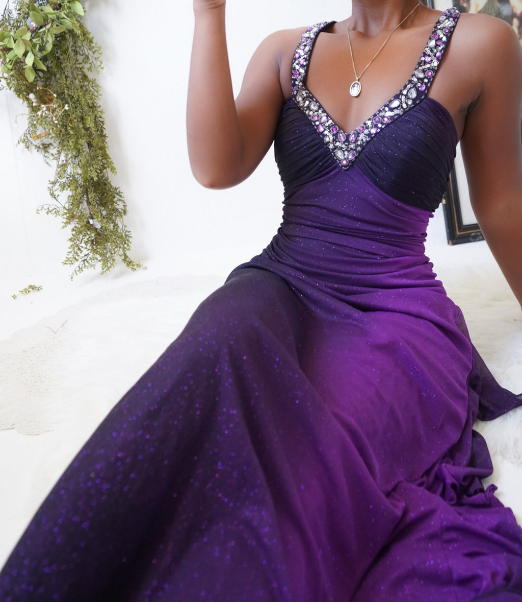 Gradient Purple Open Back Glitter Gown