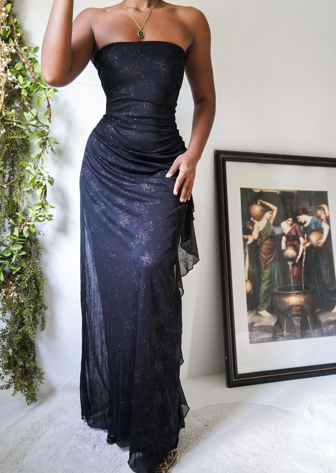 Strapless Glitter Floral Black Gown (M)