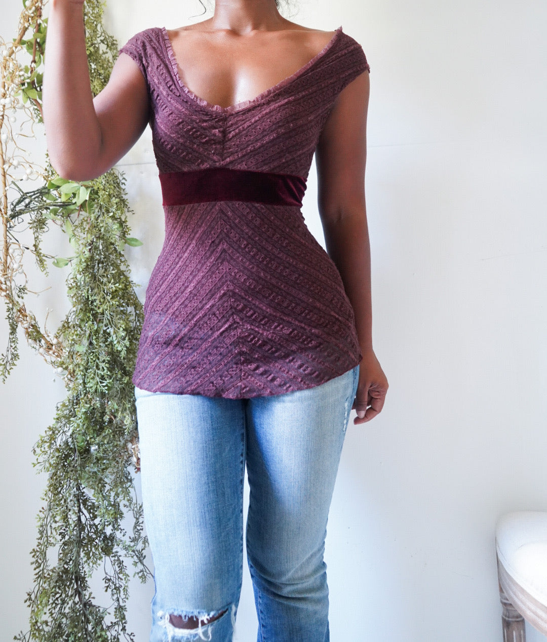 Y2K Maroon Lace Off the Shoulder Top