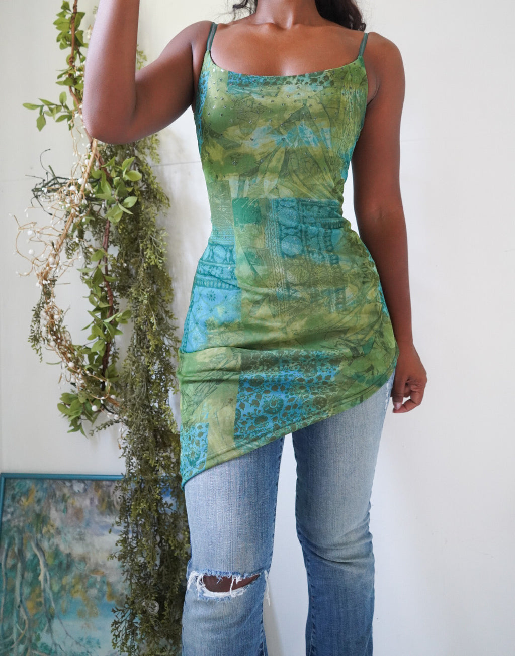 Y2K Green Paisley Long Asymmetric Cami