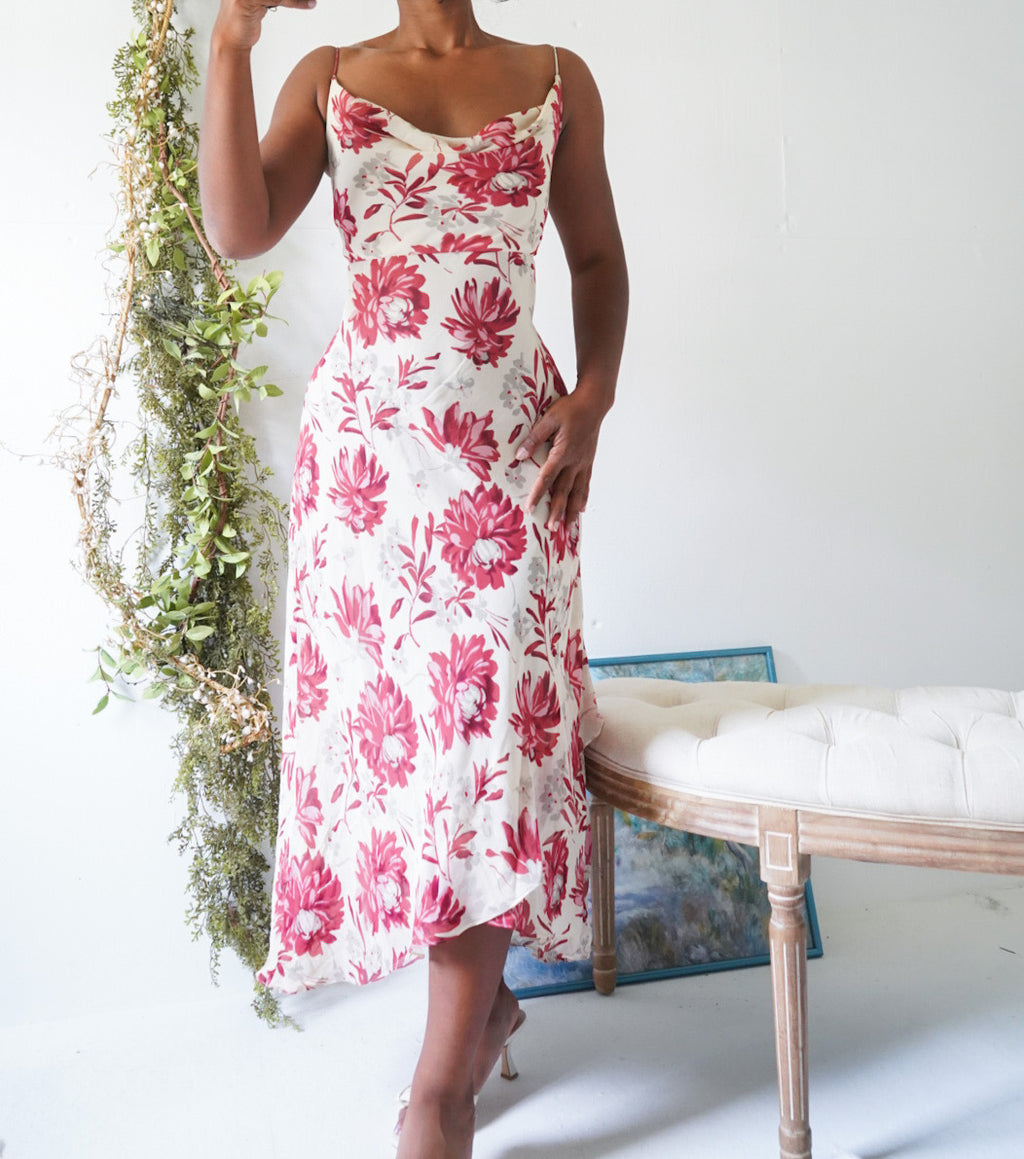 Y2K Cream and Red Floral Cowl Neck Midi Dress – Masha&Jlynn