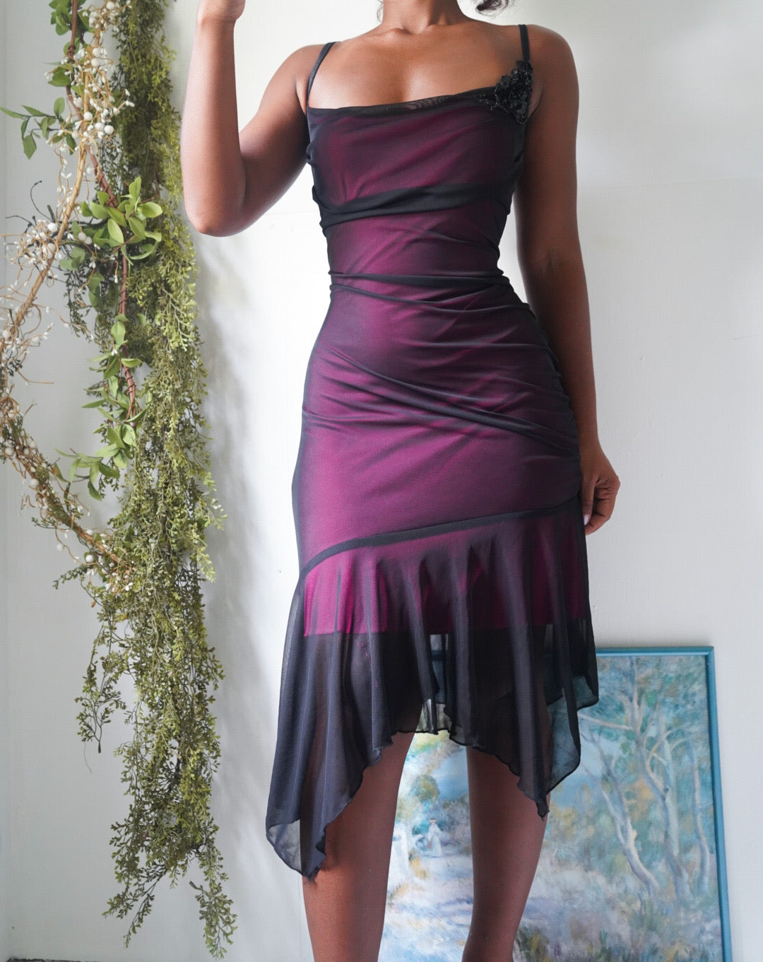 Y2K Pink and Black Layered Midi Dress