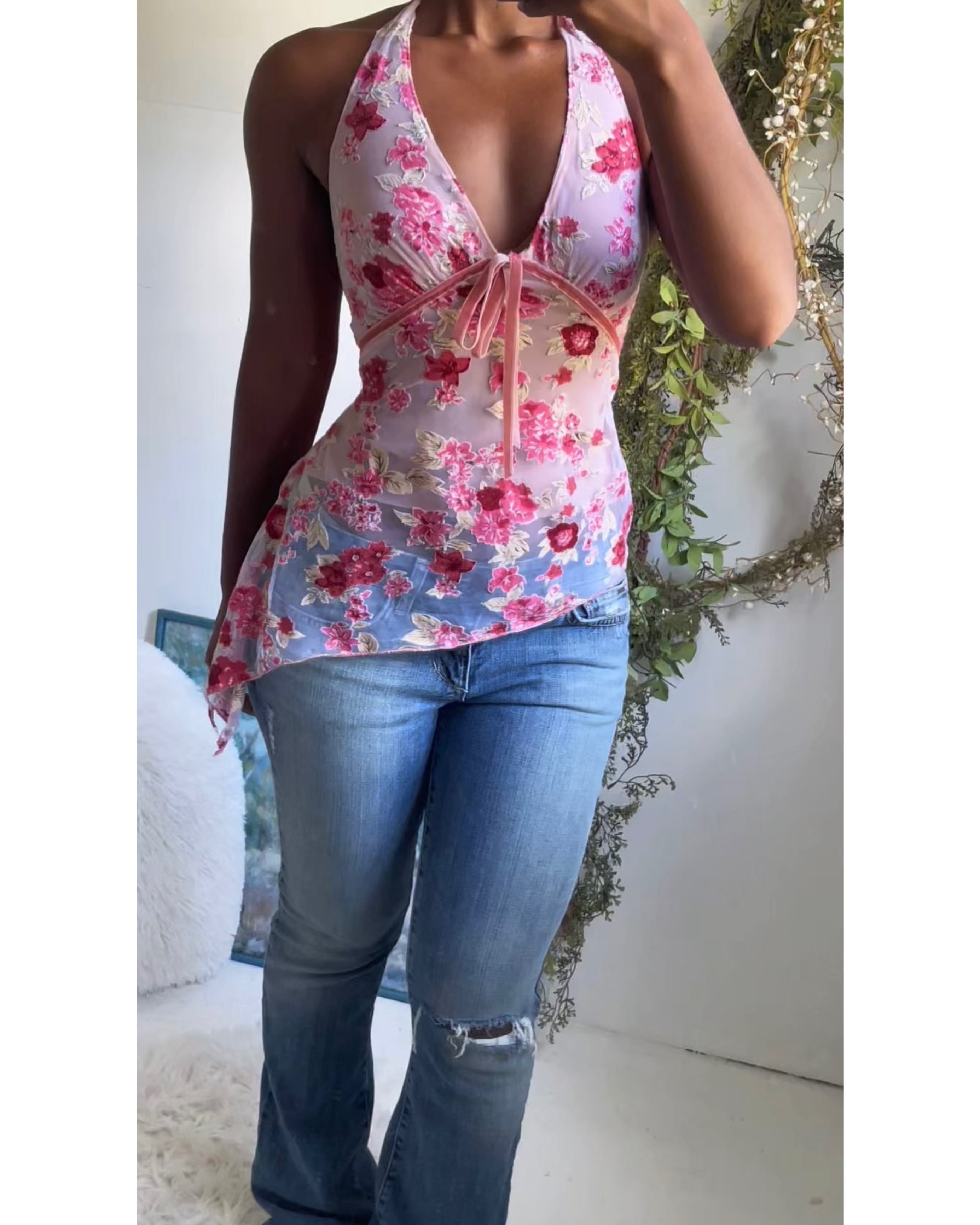 Y2K Halter Burnout Pink Reworked Top
