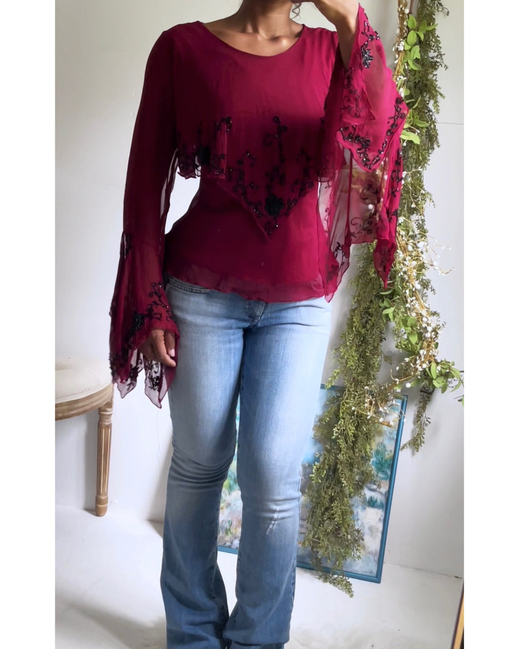 Rare Vintage Y2K Crimson Silk Beaded Flare Sleeve Top