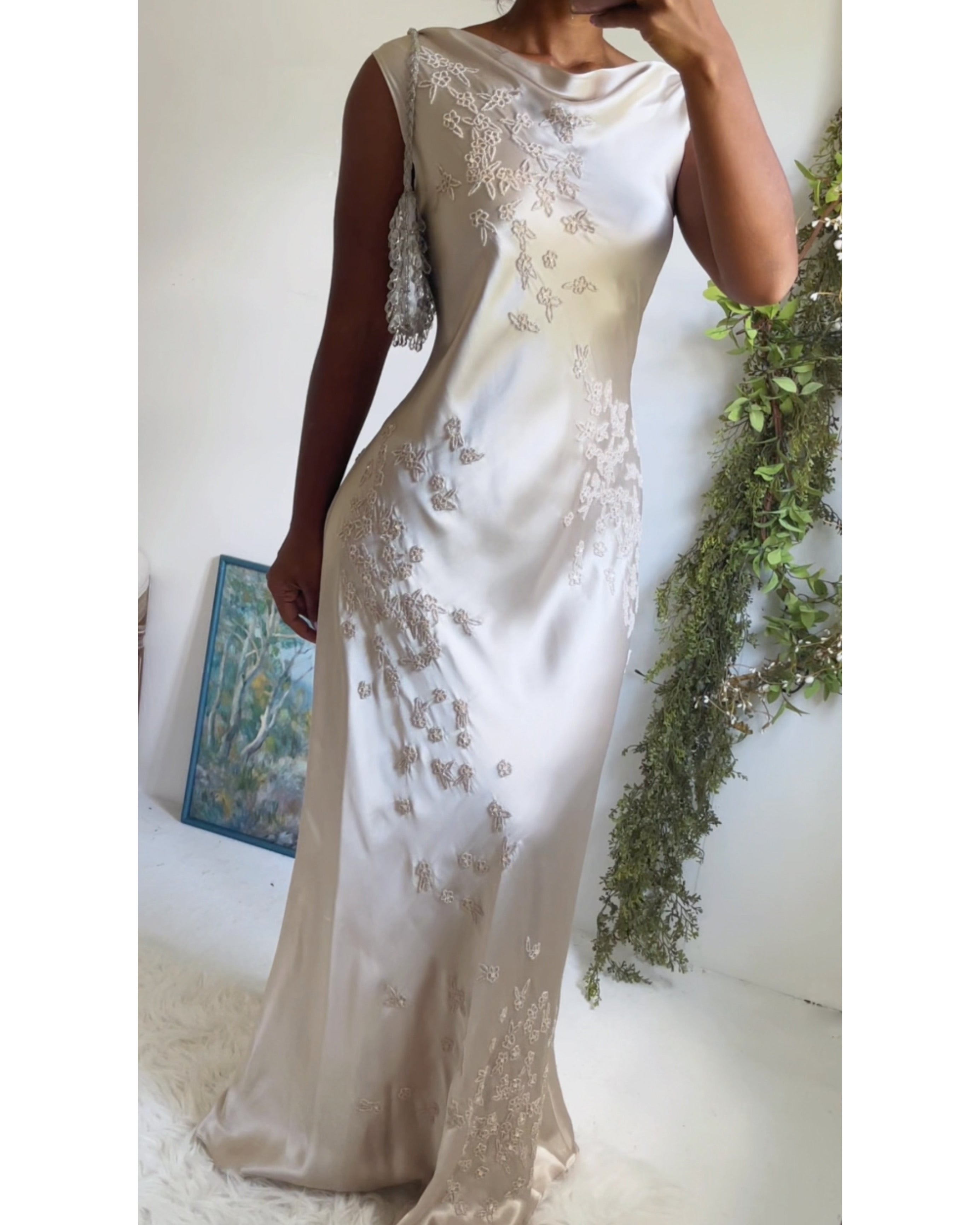 Rare Y2K Champagne Satin Beaded Gown