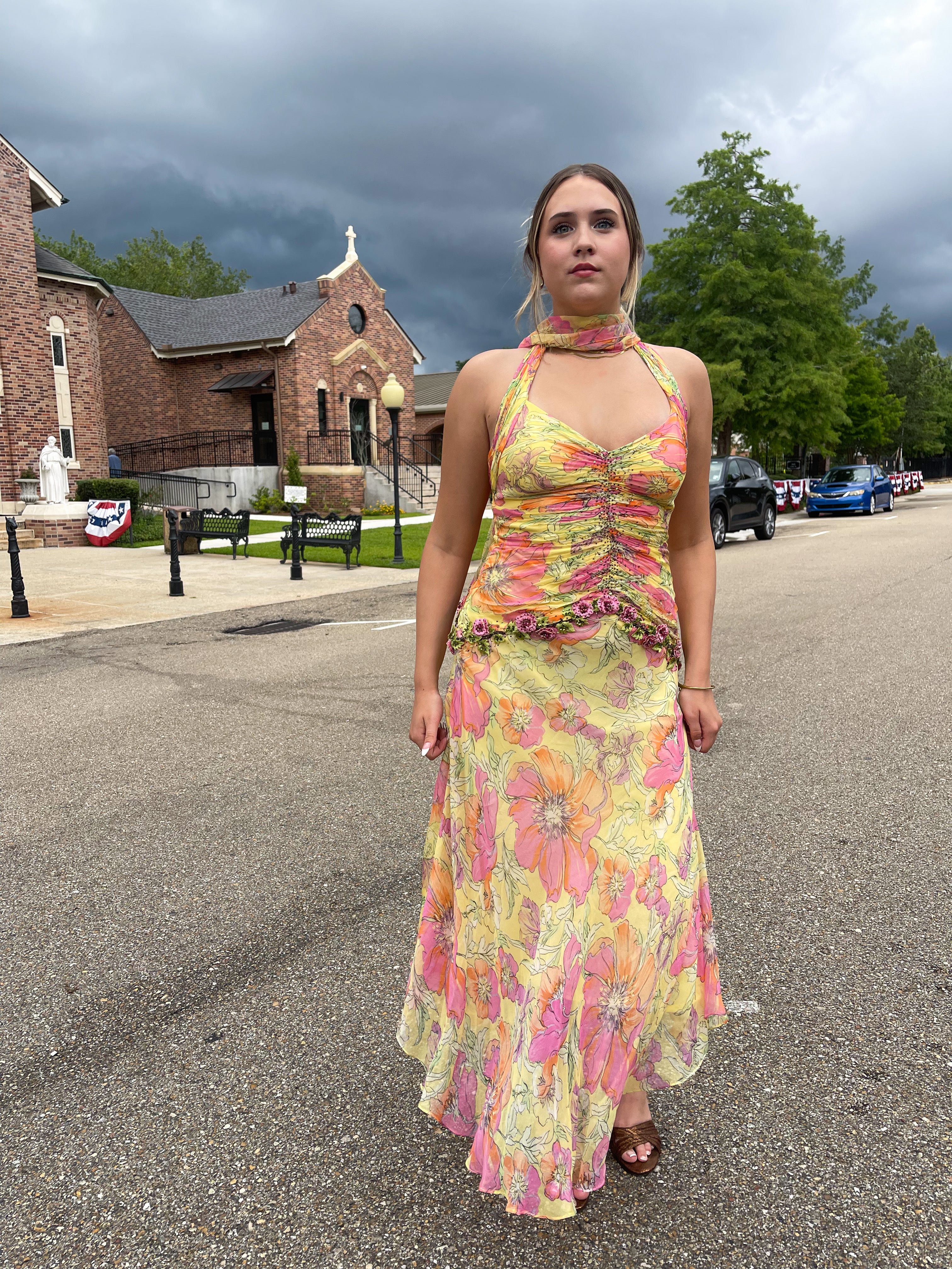 Rare Y2K Silk Yellow Fairy Floral Gown with Sash