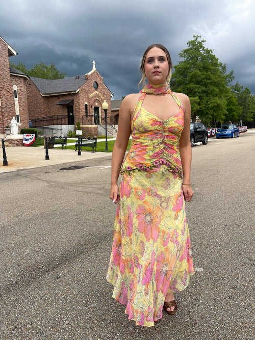 Rare Y2K Silk Yellow Fairy Floral Gown with Sash