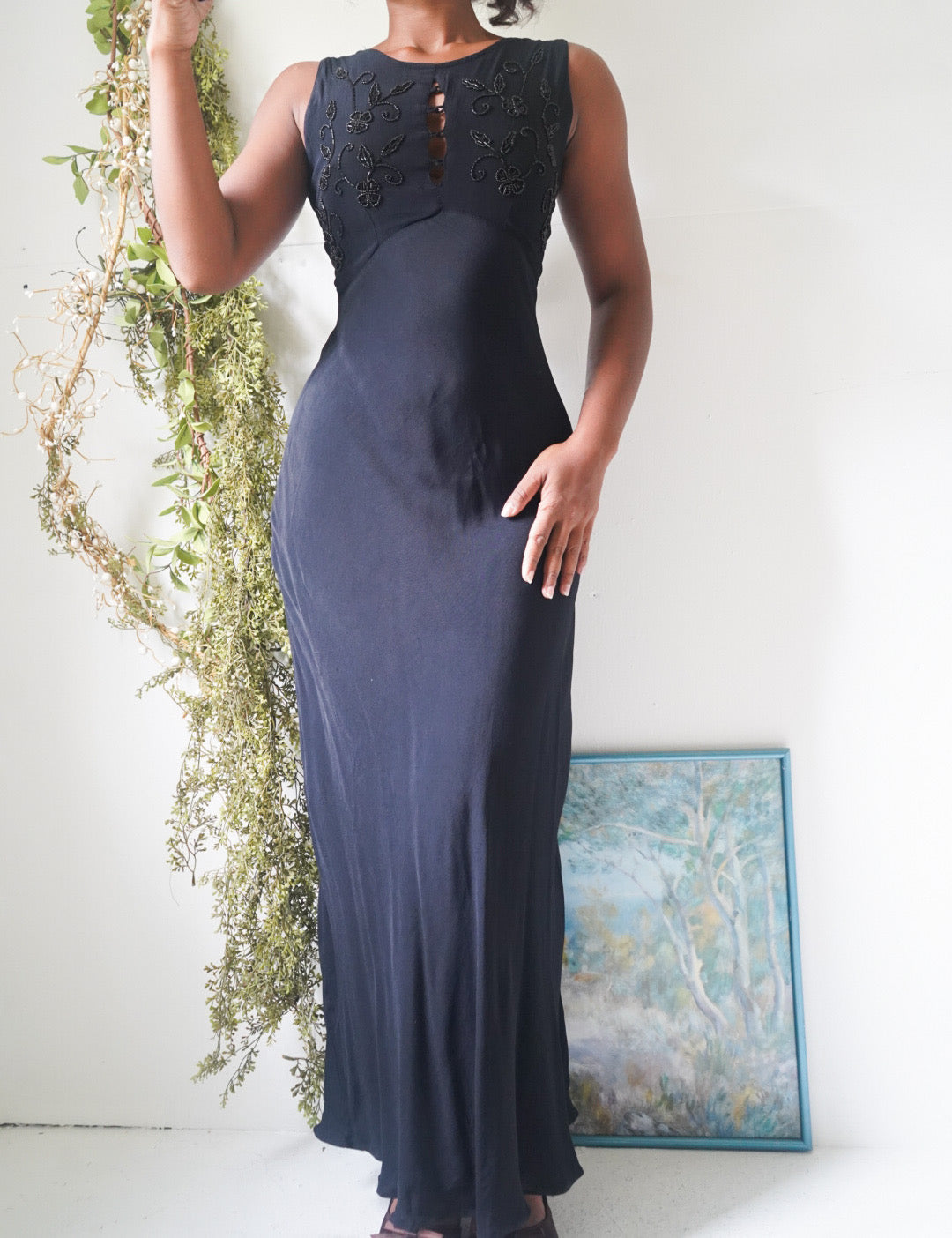 Y2K Beaded Bust Black Maxi Dress