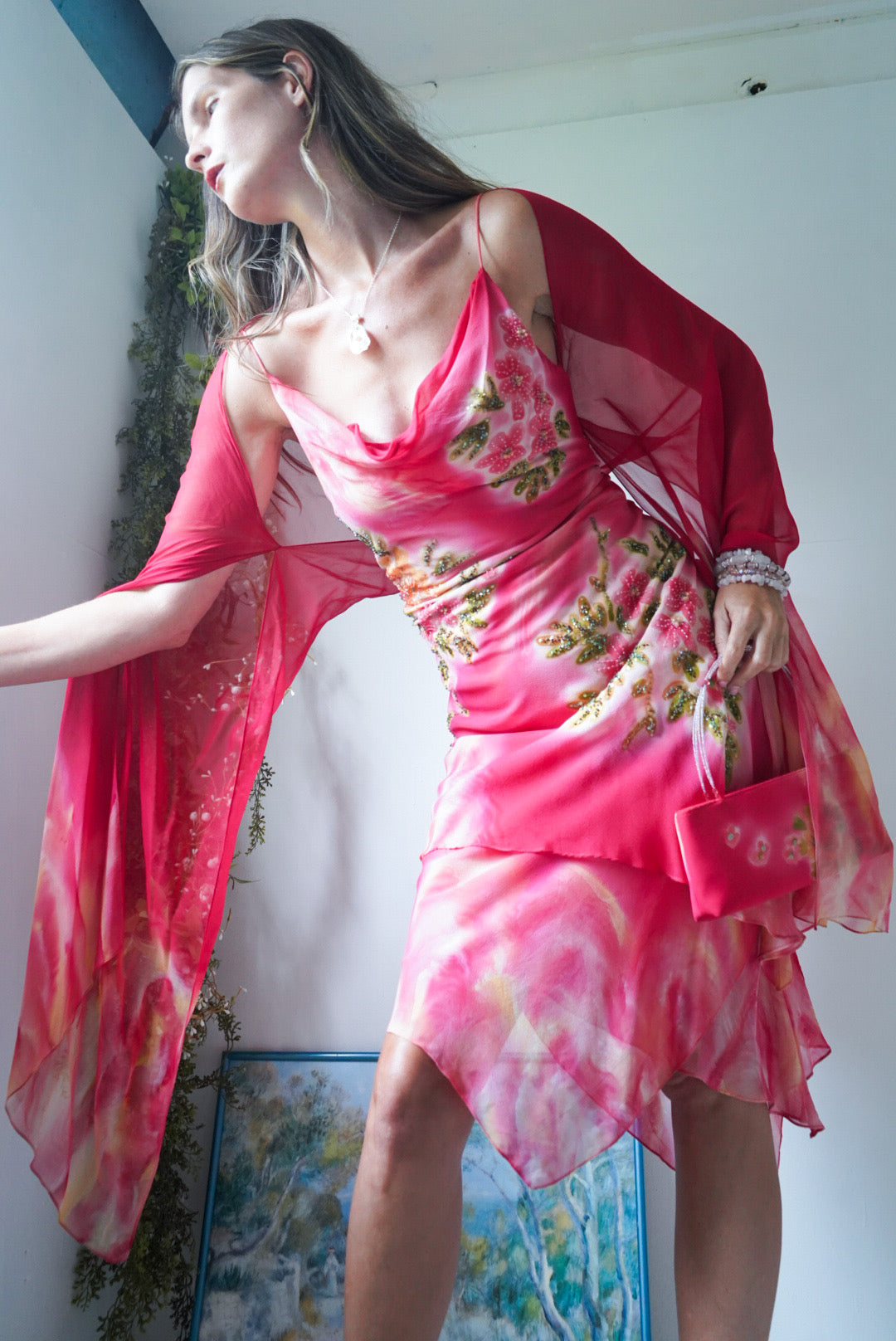 Rare Beaded Silk Fairy Dress with Scarf and Purse