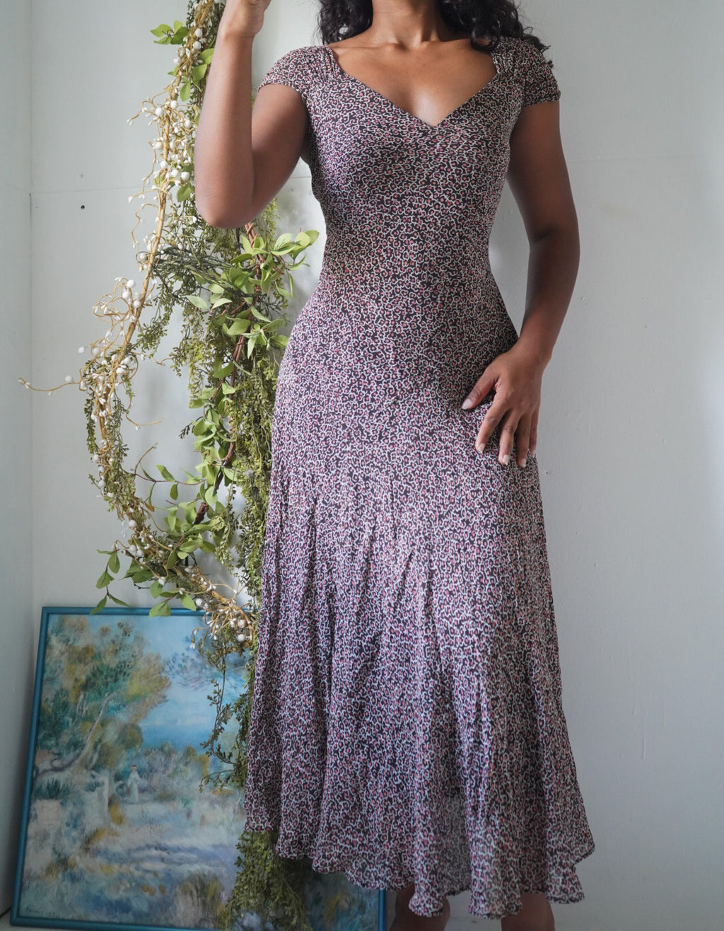 Y2K Brown Ditsy Floral Midi Dress