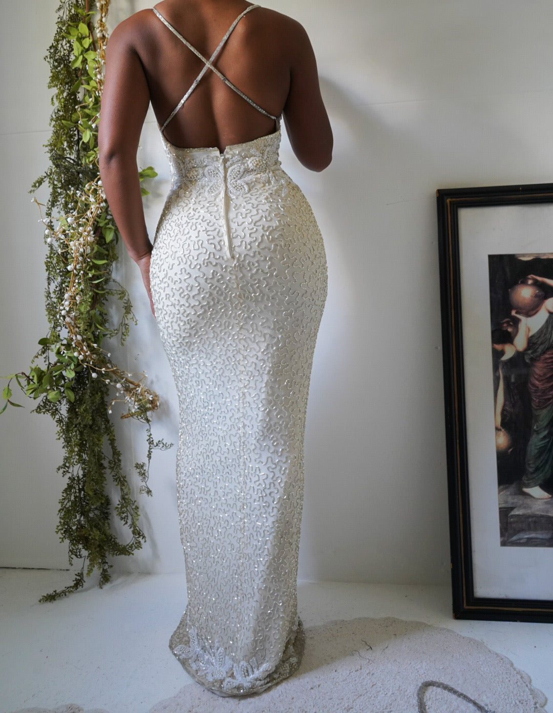 Rare Vintage 90’s Heavily Beaded Ivory Pearl Gown