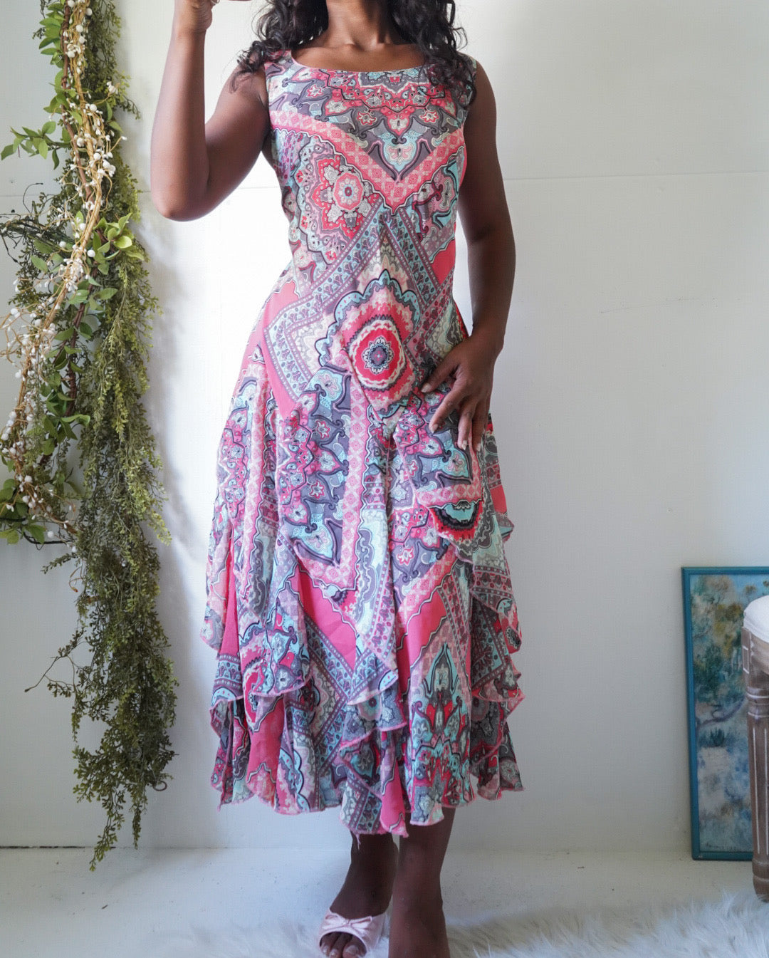 Y2K Bright Coral Paisley Midi Dress