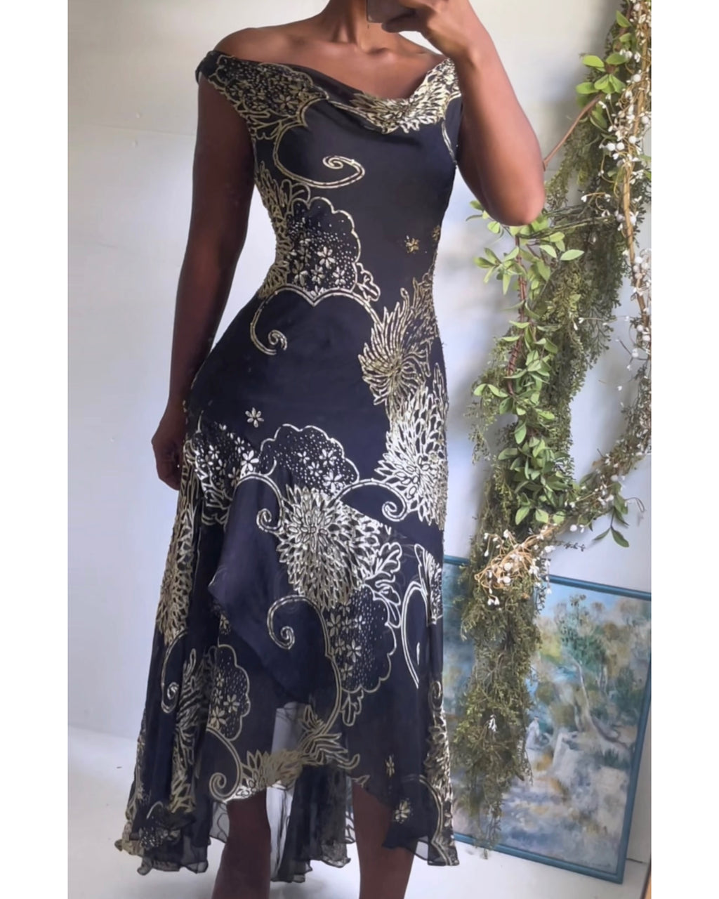 Y2K Black and Gold Silk Gown Neck Dress