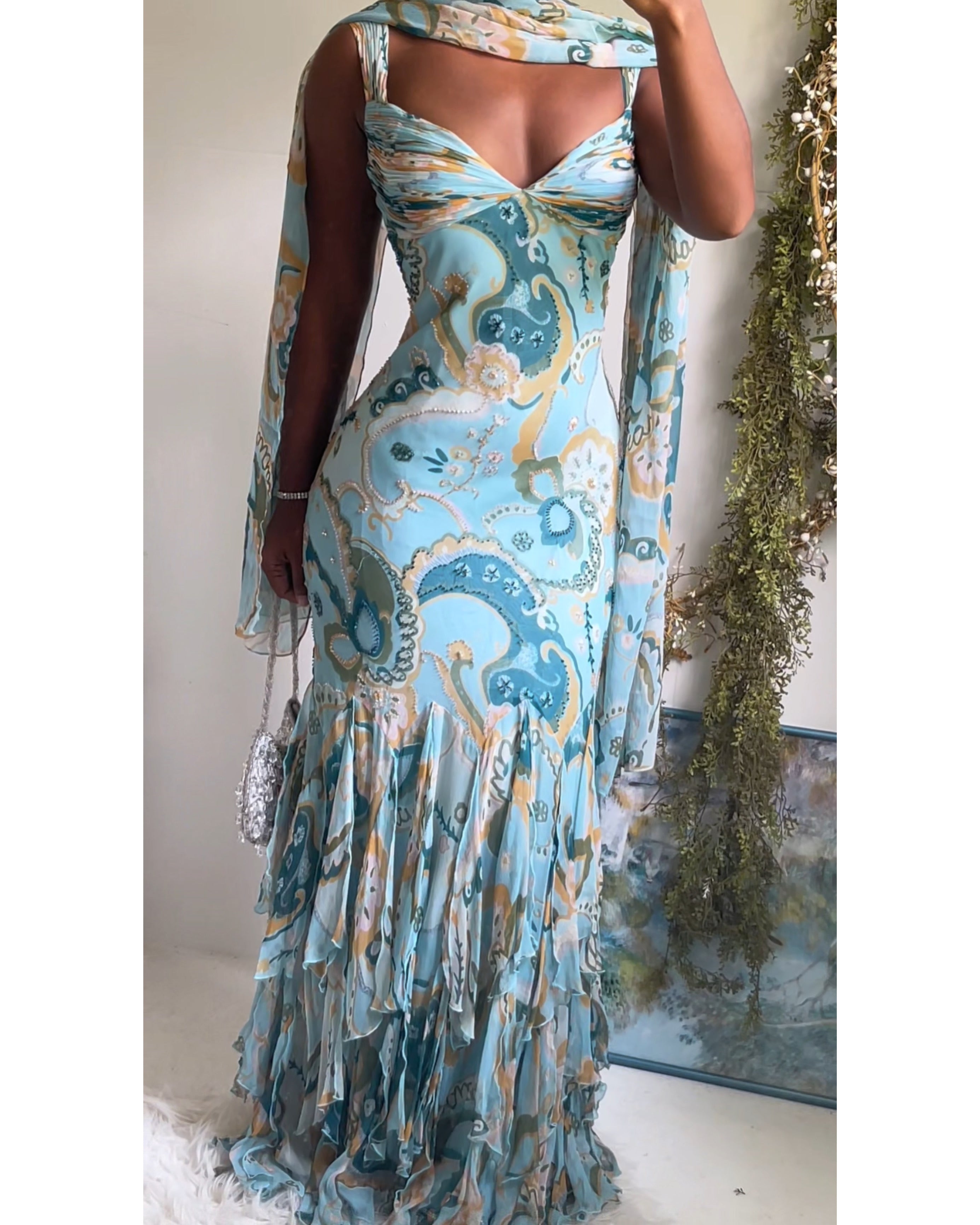 Y2K Rare Light Turquoise Silk Paisley Fairy Gown