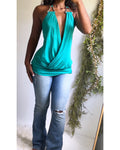 Y2K Teal Halter Crossover Front Top