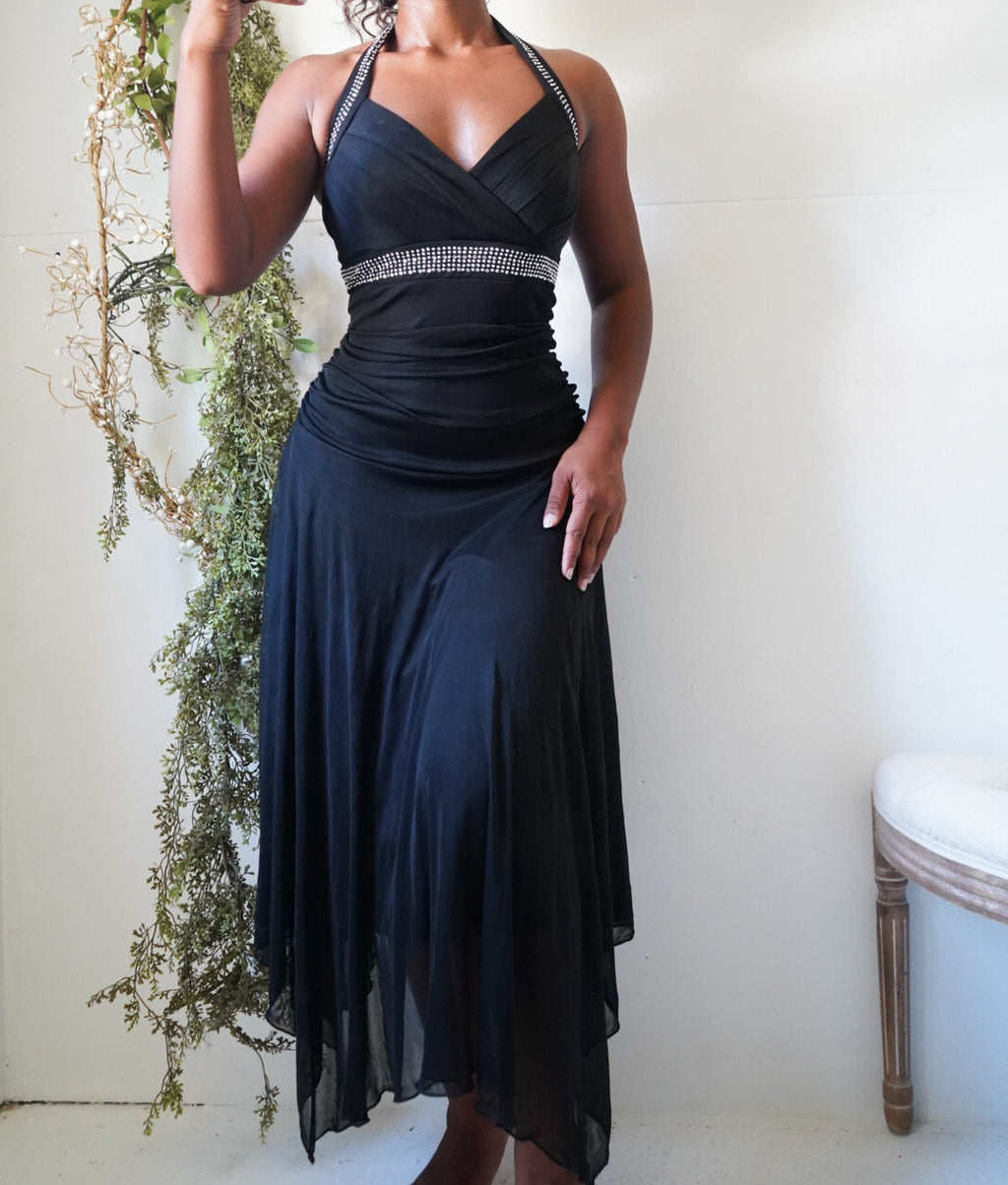 Y2K Rhinestone Trimmed Black Halter Fairy Dress