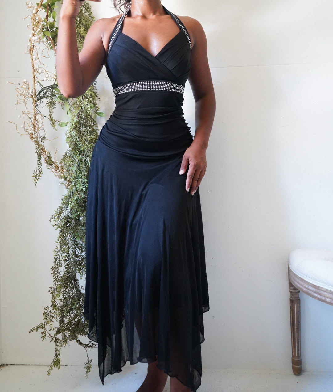 Y2K Rhinestone Trimmed Black Halter Fairy Dress
