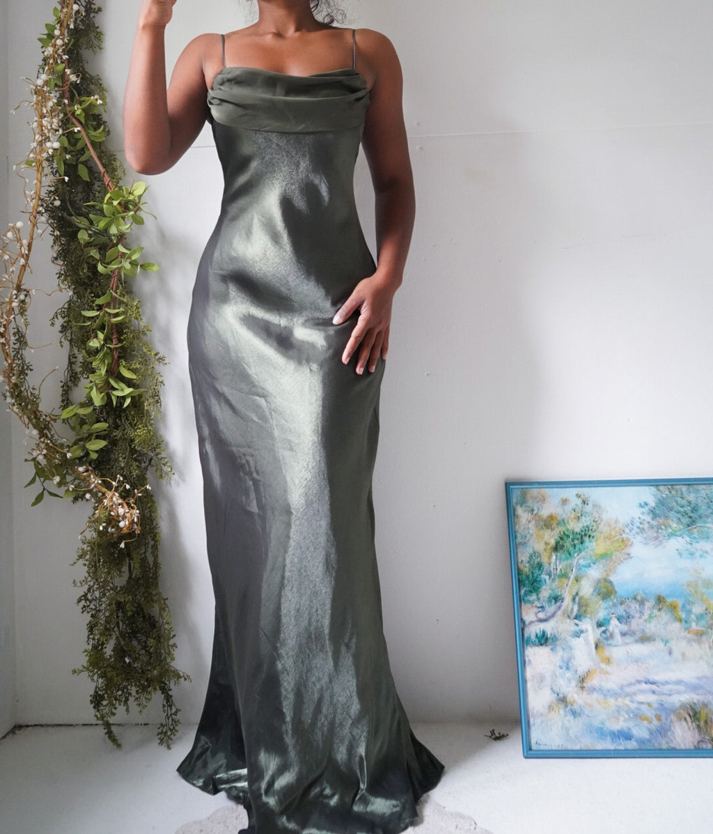 Y2K Olive Satin Iridescent Gown