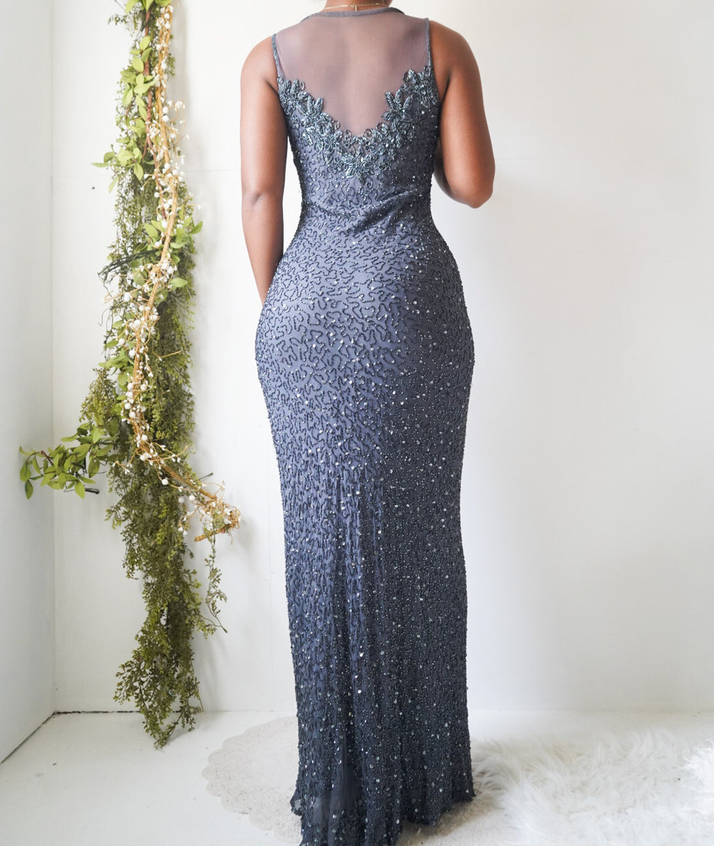 Vintage Y2K Fully Beaded Illusion Neckline Gown