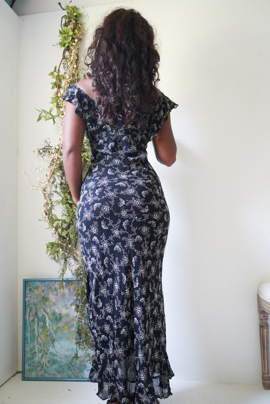 Y2K Monochrome Butterfly Print Ruffle Detail Dress