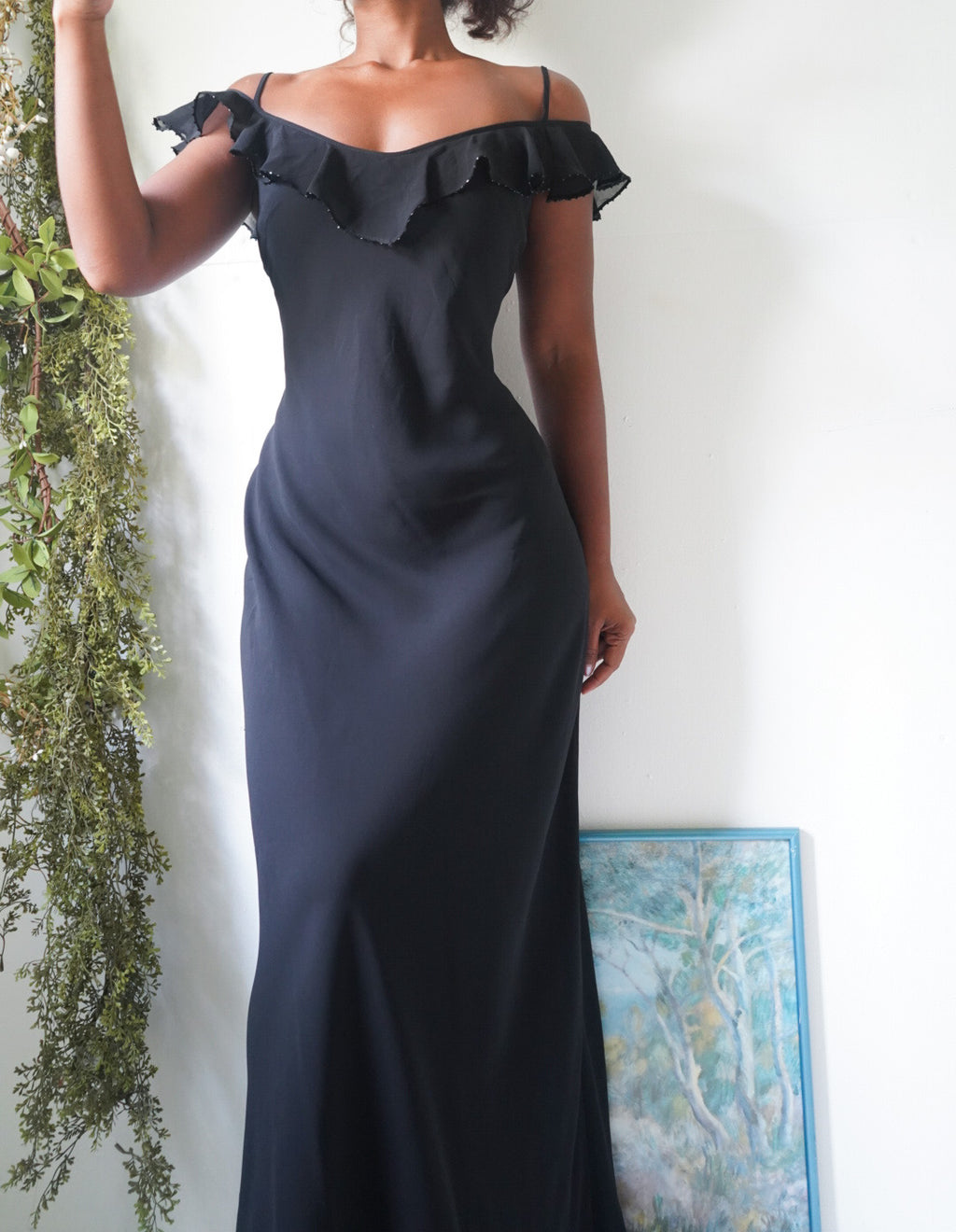Y2K Black Ruffle Detail Cold Shoulder Gown