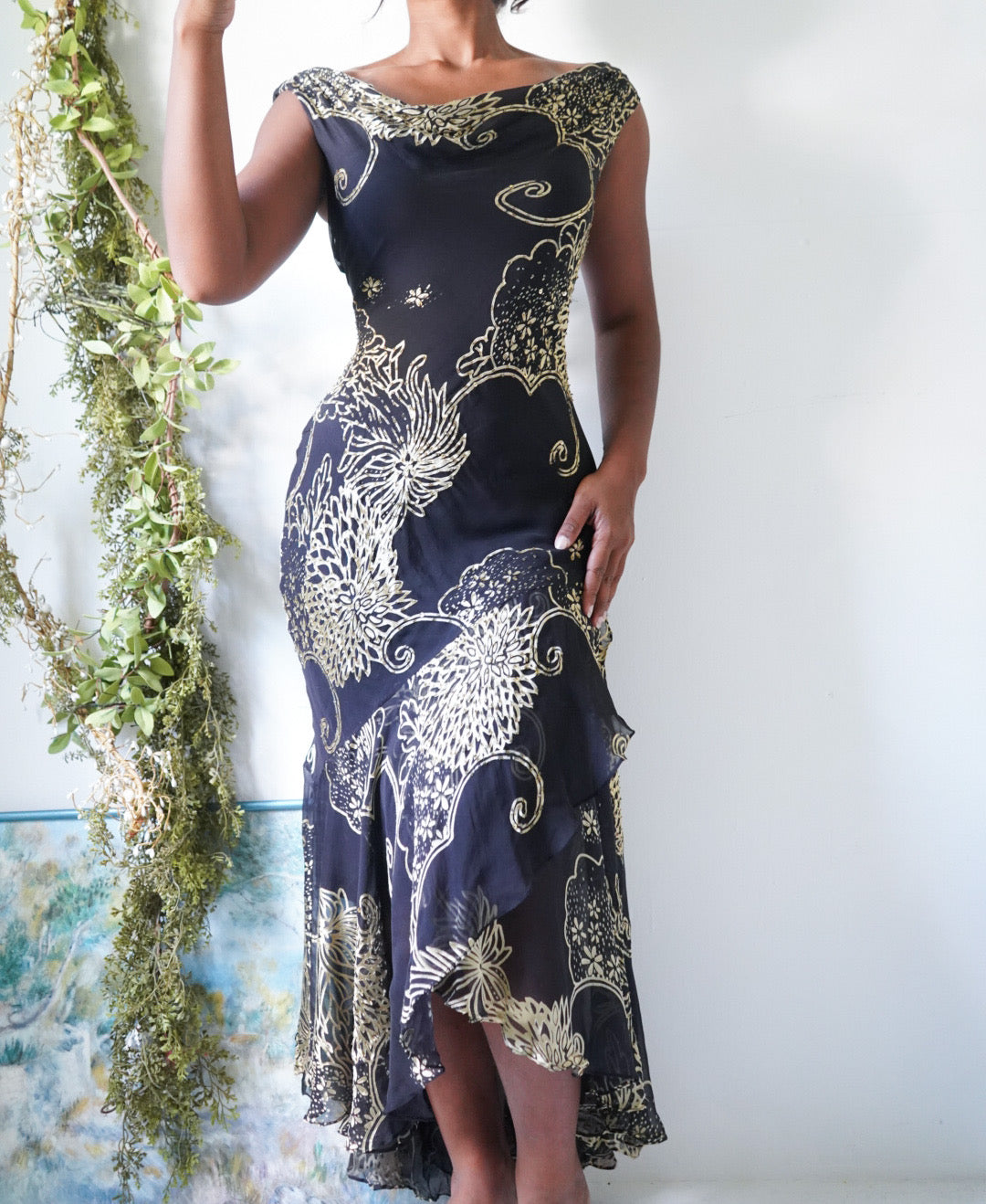 Y2K Black and Gold Silk Gown Neck Dress