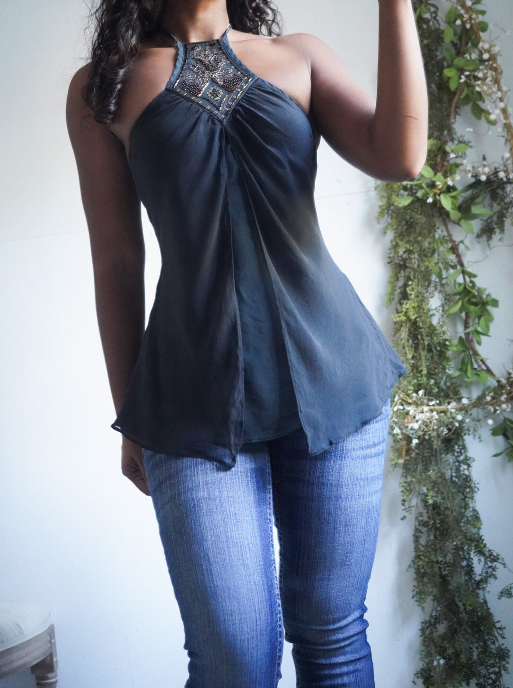 Y2K Black Washed Silk Boho Halter Top