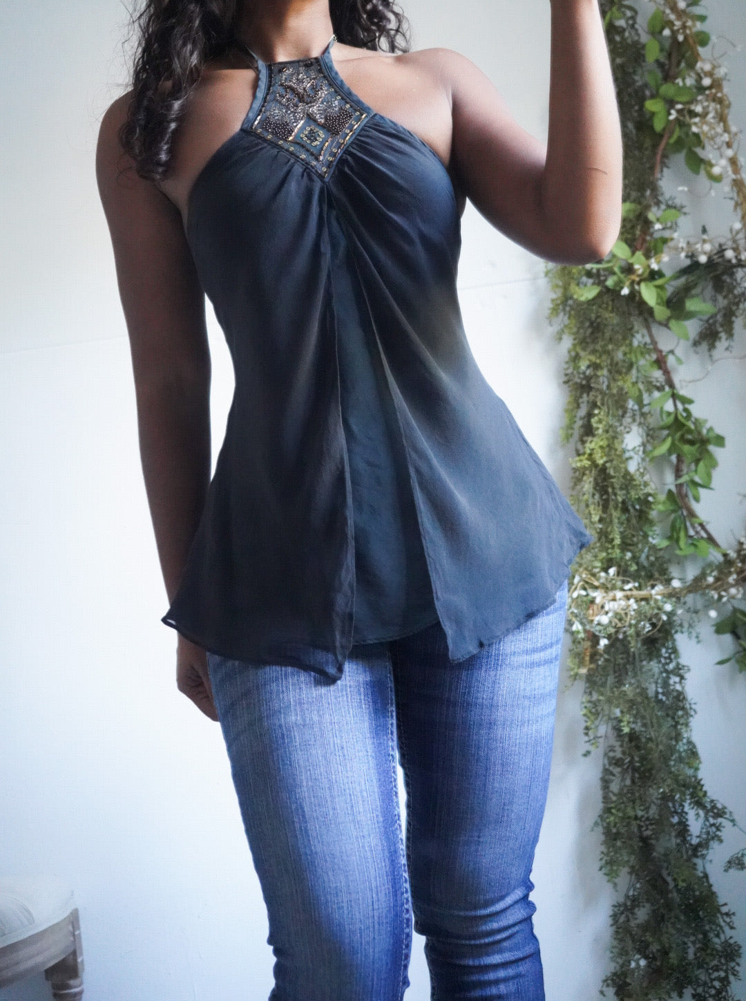 Y2K Black Washed Silk Boho Halter Top