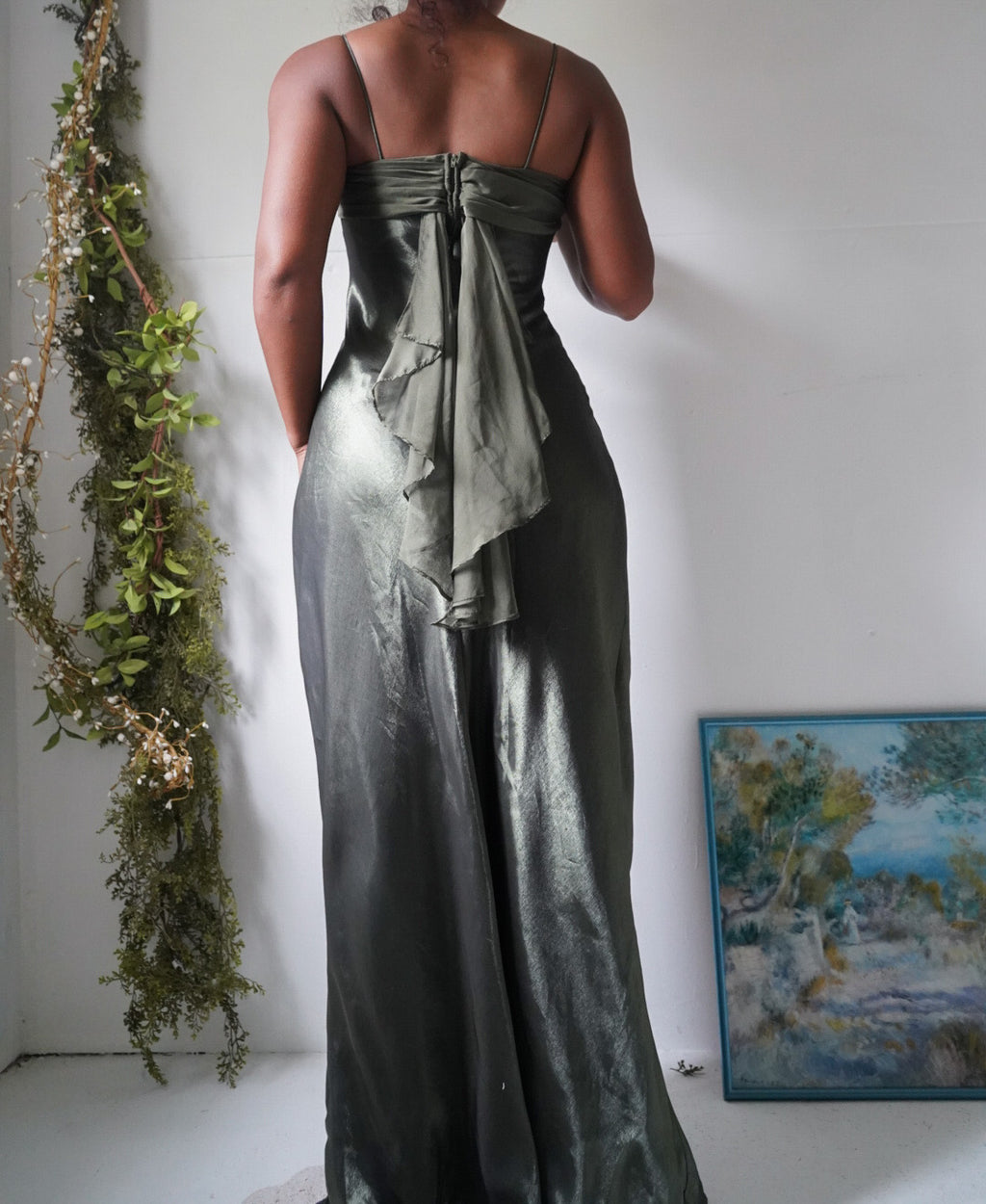 Y2K Olive Satin Iridescent Gown