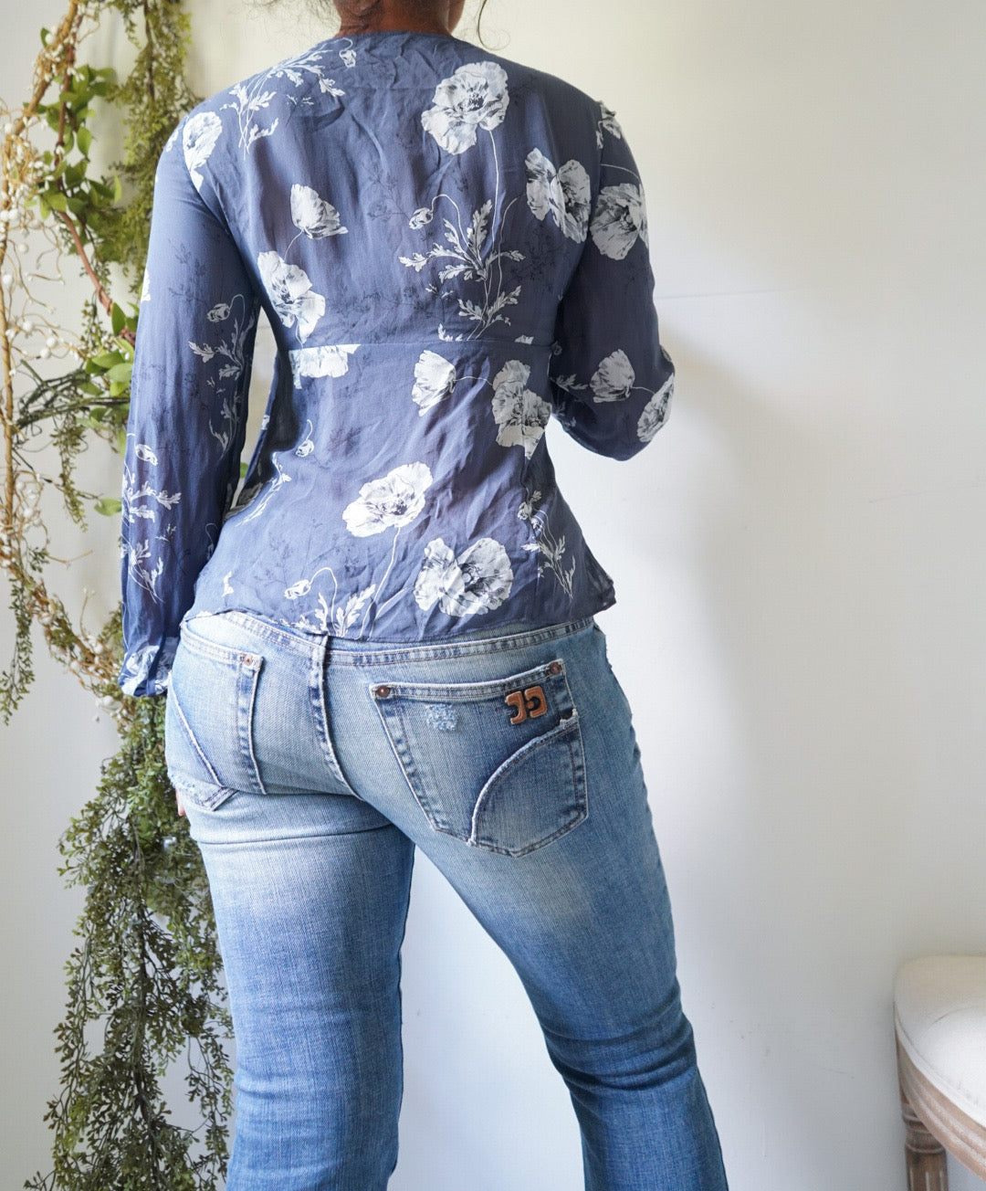 Y2K Floral Blue Silk Long Sleeve Top
